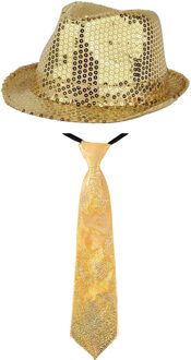 carnaval verkleed hoedje - en stropdas - Goud glitters - Verkleedkleding - volwassenen