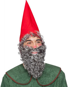 Carnaval verkleed kabouter set - hoed en baard - puntmuts - rood - volwassenen - sprookje