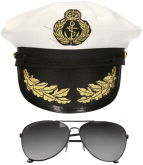 Carnaval verkleed Kapiteinpet - met donkere zonnebril - wit - heren/dames - verkleedkleding set