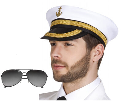 Carnaval verkleed Kapiteinpet - met spiegel zonnebril - wit - heren/dames - hoofdmaat 60 cm