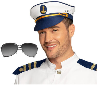Carnaval verkleed Kapiteinpet - met spiegel zonnebril - wit - heren/dames - verkleedkleding set