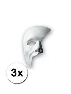 Carnaval verkleed masker phantom of the opera - 3x - wit - met elastiekje - plastic - beschilderbaar