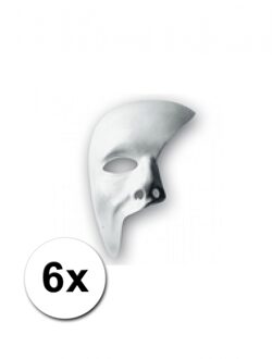 Carnaval verkleed masker phantom of the opera - 6x - wit - met elastiekje - plastic - beschilderbaar