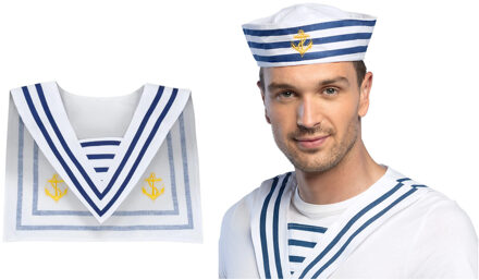Carnaval verkleed Matrozen hoedje - wit/blauw - met matrozen kraag - volwassenen