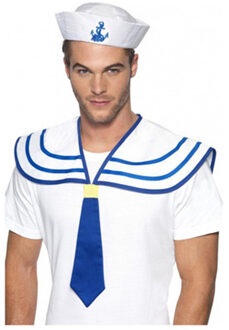 Carnaval verkleed Matrozen hoedje - wit/blauw - met matrozen kraag - volwassenen