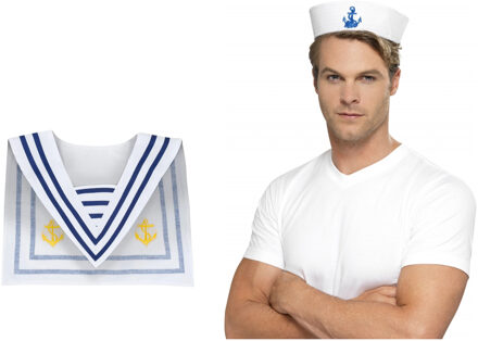 Carnaval verkleed Matrozen hoedje - wit/blauw - met matrozen kraag - volwassenen