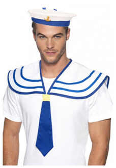Carnaval verkleed Matrozen hoedje - wit/blauw - met matrozen kraag - volwassenen