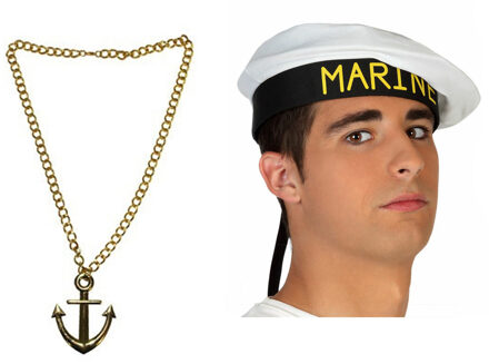 Carnaval verkleed Matrozen hoedje - wit - met gouden anker ketting - volwassenen