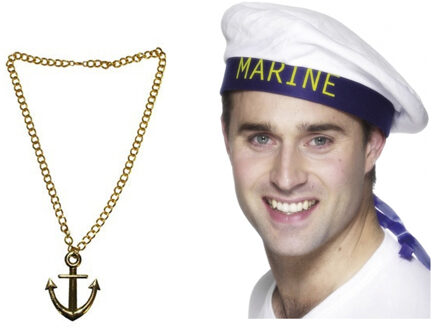Carnaval verkleed Matrozen hoedje - wit - met gouden anker ketting - volwassenen