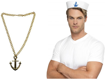 Carnaval verkleed Matrozen hoedje - wit - met gouden anker ketting - volwassenen