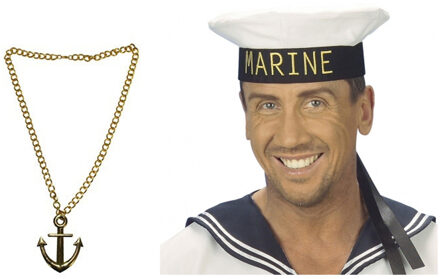 Carnaval verkleed Matrozen hoedje - wit - met gouden anker ketting - volwassenen