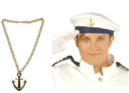 Carnaval verkleed Matrozen hoedje - wit - met gouden anker ketting - volwassenen