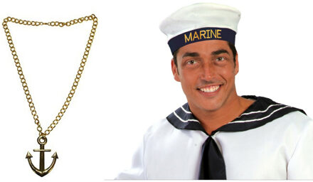 Carnaval verkleed Matrozen hoedje - wit - met gouden anker ketting - volwassenen