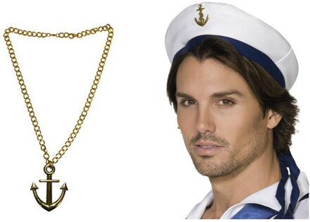 Carnaval verkleed Matrozen hoedje - wit - met gouden anker ketting - volwassenen