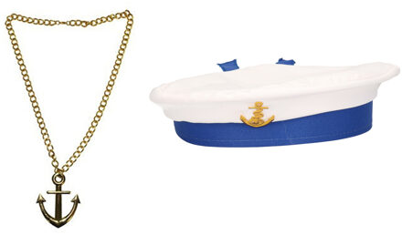 Carnaval verkleed Matrozen hoedje - wit - met gouden anker ketting - volwassenen