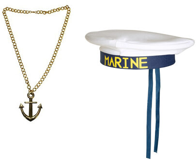 Carnaval verkleed Matrozen hoedje - wit - met gouden anker ketting - volwassenen