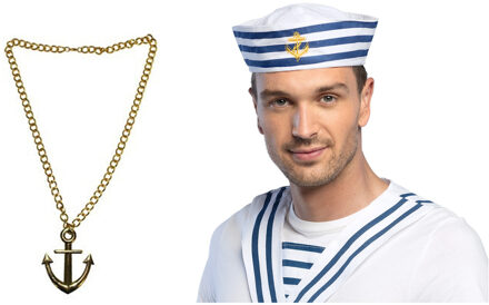 Carnaval verkleed Matrozen hoedje - wit - met gouden anker ketting - volwassenen
