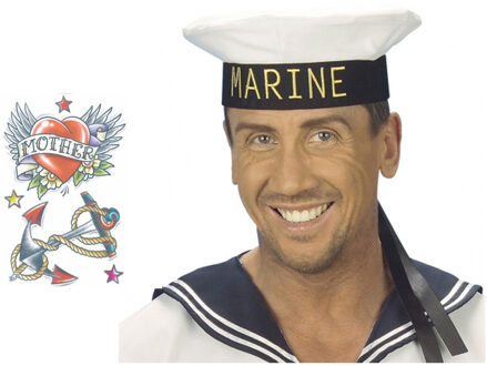 Carnaval verkleed Matrozen hoedje - wit - met zeeman plak tatoeages - volwassenen