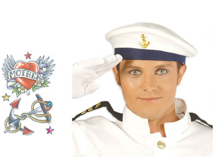 Carnaval verkleed Matrozen hoedje - wit - met zeeman plak tatoeages - volwassenen
