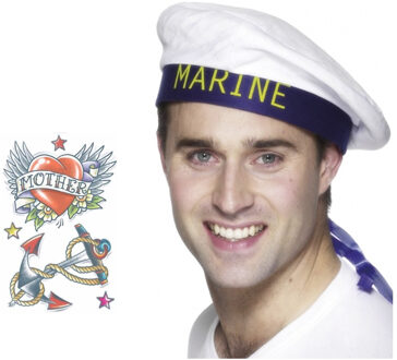 Carnaval verkleed Matrozen hoedje - wit - met zeeman plak tatoeages - volwassenen