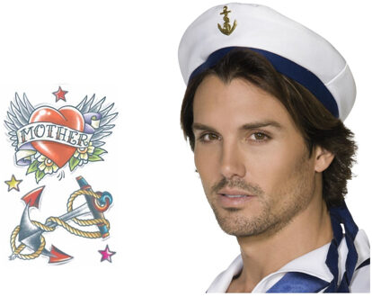 Carnaval verkleed Matrozen hoedje - wit - met zeeman plak tatoeages - volwassenen