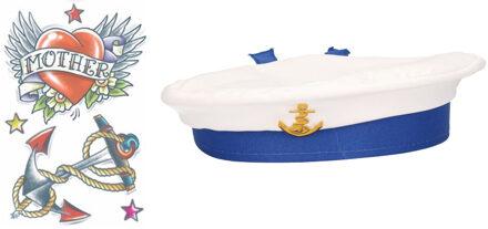 Carnaval verkleed Matrozen hoedje - wit - met zeeman plak tatoeages - volwassenen