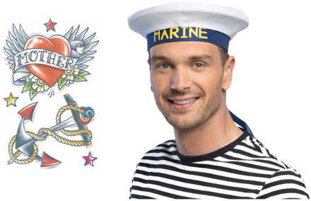 Carnaval verkleed Matrozen hoedje - wit - met zeeman plak tatoeages - volwassenen
