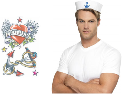 Carnaval verkleed Matrozen hoedje - wit - met zeeman plak tatoeages - volwassenen