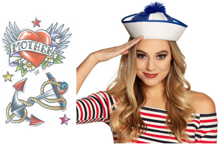 Carnaval verkleed Matrozen hoedje - wit - met zeeman plak tatoeages - volwassenen