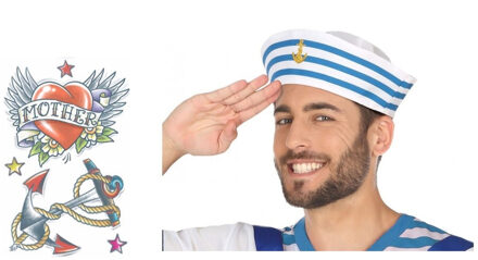 Carnaval verkleed Matrozen hoedje - wit - met zeeman plak tatoeages - volwassenen