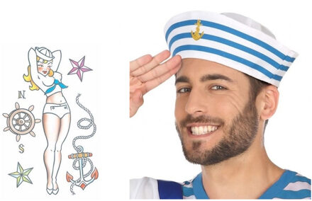 Carnaval verkleed Matrozen hoedje - wit - met zeeman plak tatoeages - volwassenen