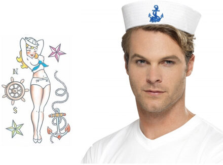 Carnaval verkleed Matrozen hoedje - wit - met zeeman plak tatoeages - volwassenen