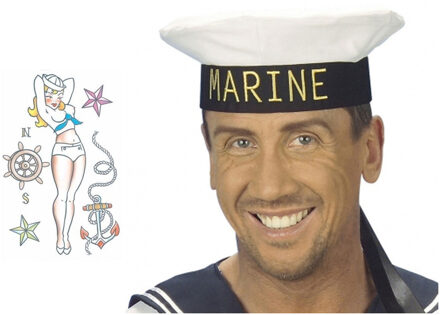 Carnaval verkleed Matrozen hoedje - wit - met zeeman plak tatoeages - volwassenen