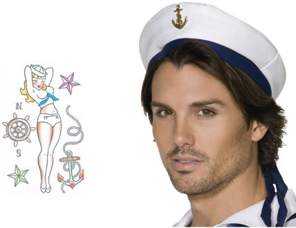 Carnaval verkleed Matrozen hoedje - wit - met zeeman plak tatoeages - volwassenen