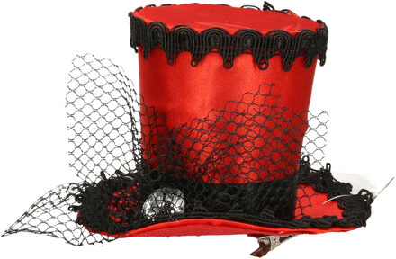Carnaval verkleed mini hoedje voor diverse thema's - rood - tule ornament - dames