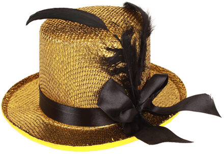 Carnaval verkleed mini hoog hoedje voor diverse thema's - goud glitter - veren ornament - dames