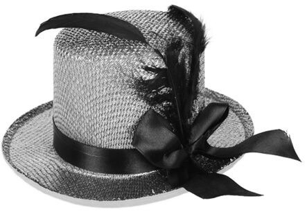 Carnaval verkleed mini hoog hoedje voor diverse thema's - zilver glitter - veren ornament - dames