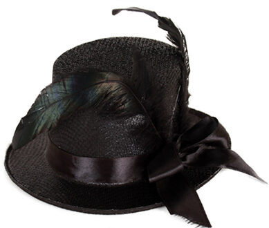 Carnaval verkleed mini hoog hoedje voor diverse thema's - zwart glitter - veren ornament - dames