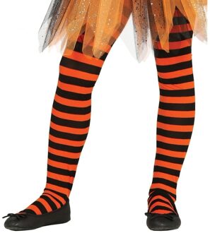 Carnaval verkleed panty - oranje/zwart - gestreept - 15 denier - voor meisjes