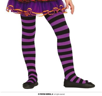 Carnaval verkleed panty - paars/zwart - gestreept - 15 denier - voor meisjes