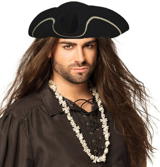 Carnaval verkleed Piraten hoed - zwart - met piraten ketting - Piraten accessiores - dames/heren