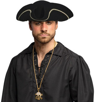 Carnaval verkleed Piraten hoed - zwart - met piraten ketting - Piraten accessiores - dames/heren