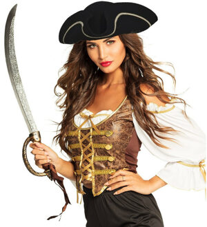 Carnaval verkleed Piraten hoed - zwart - met piratenzwaard - Piraten accessiores - dames/heren