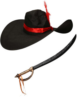 Carnaval verkleed Piraten hoed - zwart - met piratenzwaard - Piraten accessiores