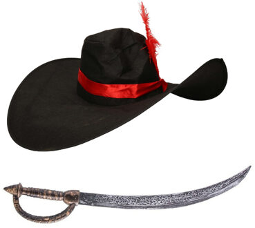Carnaval verkleed Piraten hoed - zwart - met piratenzwaard - Piraten accessiores