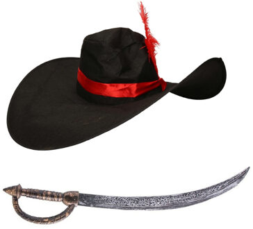 Carnaval verkleed Piraten hoed - zwart - met piratenzwaard - Piraten accessiores