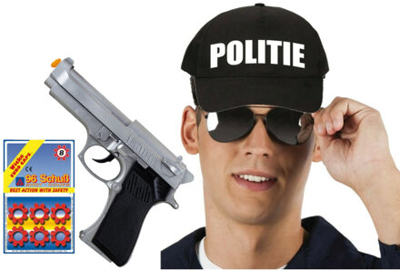Carnaval verkleed politie agent pet/cap - zwart - pistool 8-shots/zonnebril - heren/dames