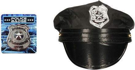 Carnaval verkleed politie agent pet - zwart - met police badge - kinderen - accessoires