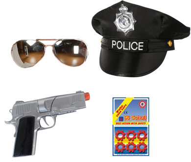 Carnaval verkleed politie agent pet - zwart - pistool 8-shots/zonnebril - heren/dames