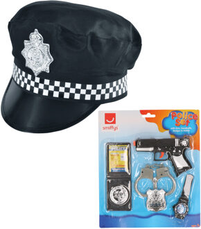 Carnaval verkleed politie agent set - pet/cap zwart met zilveren badge - pistool/badge/handboeien